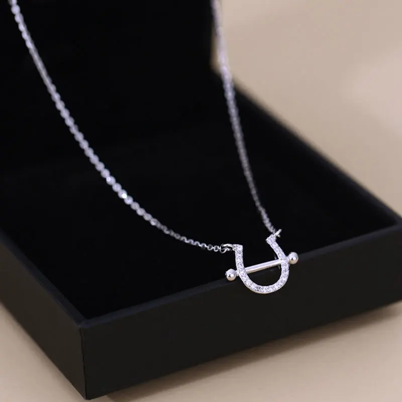 

100% Real 925 Sterling Silver Horseshoe Pendant Necklace Dainty Zircon U Shape Necklaces Fine Jewelry for Women