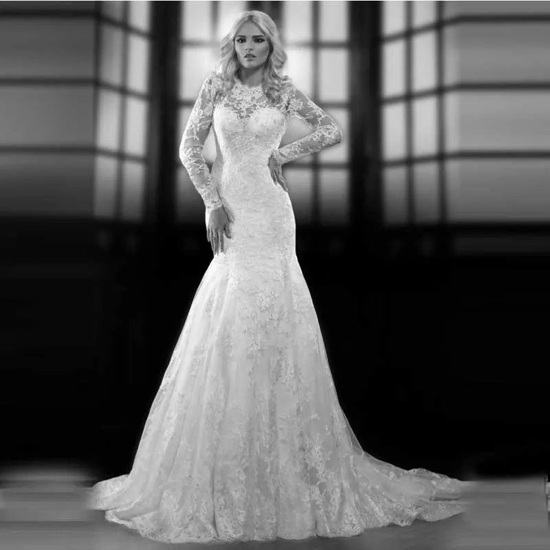 

Popular Princess Bridal Gown with Lace Keyhole Back Full Sleeves Organza Mermaid Wedding Dresses 2016 Appliques