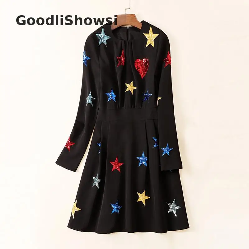 GoodliShowsi весеннее модное женское маленькое черное платье с блестками и круглым вырезом, повседневные женские мини платья с длинным рукавом - Цвет: Черный