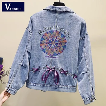 

Vangull 2019 New Harajuku Denim Jacket Women Embroidered Jeans Coat Hip Hop Back Flower Lace Up Jeans Jacket Casual Women Jacket