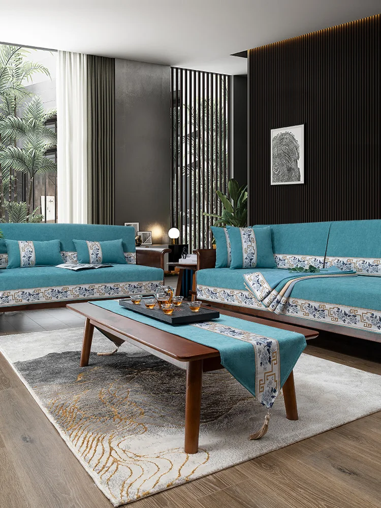 Four seasons universal high-grade solid wood non-slip new Chinese sofa cushion Nordic minimalist style back towel couch cover 2