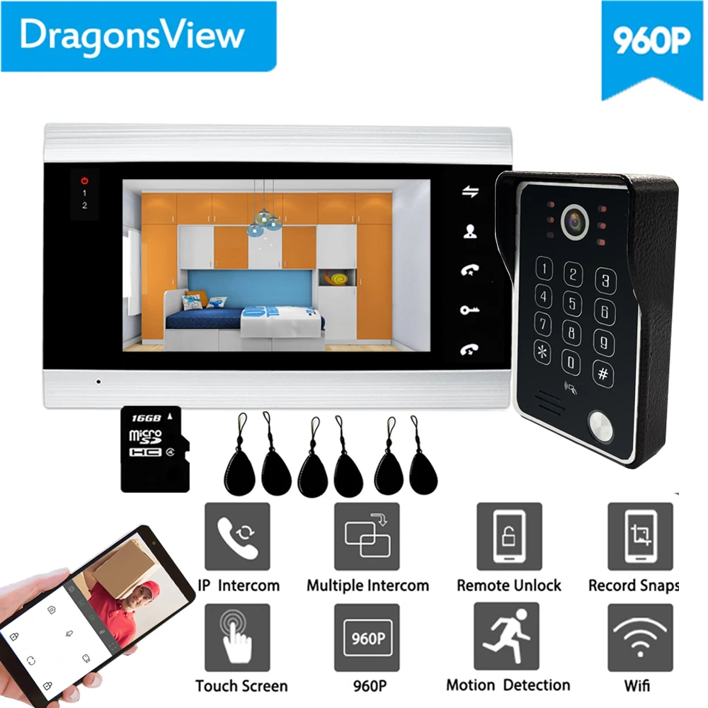 【Wifi RFID AHD 960P】Dragonsview 7 Inch Wireless Wifi Video Door Phone RFID Password IP Video Intercom Unlock Day Night IR leds