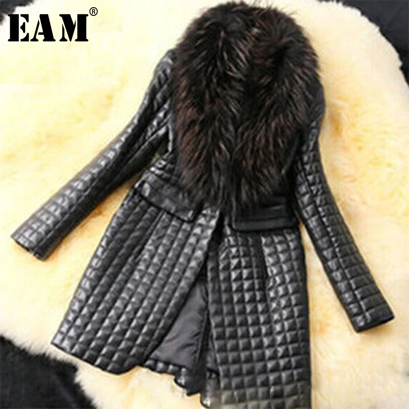 [EAM] свободный крой темперамент индивидуальность клетчатая куртка новинка лацканы с длинным рукавом Женское пальто мода прилива осень зима JY884