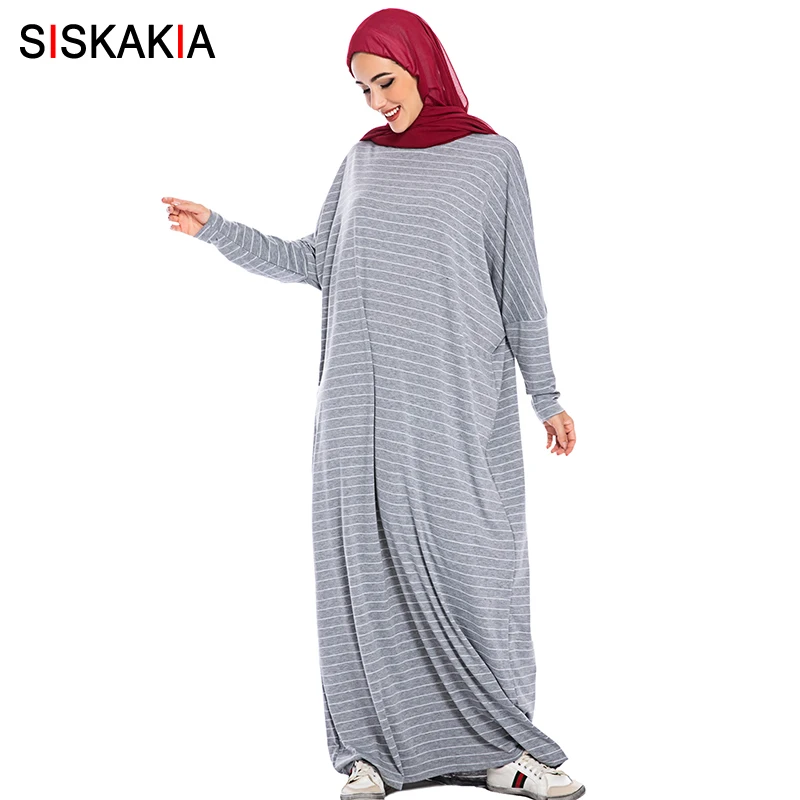 Siskakia мусульманское женское платье Абая короткое элегантное платье в полоску с круглым вырезом и рукавом летучая мышь большие женские халаты коричневого цвета Новинка - Цвет: Gray abaya