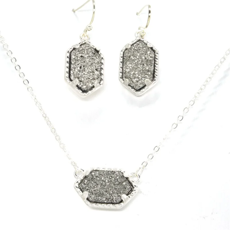 Druzy Drusy ожерелье серьги ювелирный набор смолы кристалл серьги с камнем серебряный бренд шестиугольник Висячие серьги для женщин вечерние - Окраска металла: D Light Gray