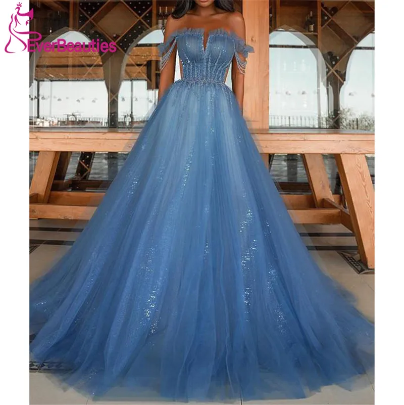 

Prom Dresses Long 2021 Robe De Soiree Tulle Sequins A-Line Evening Dresses Vestido De Fiesta De Boda