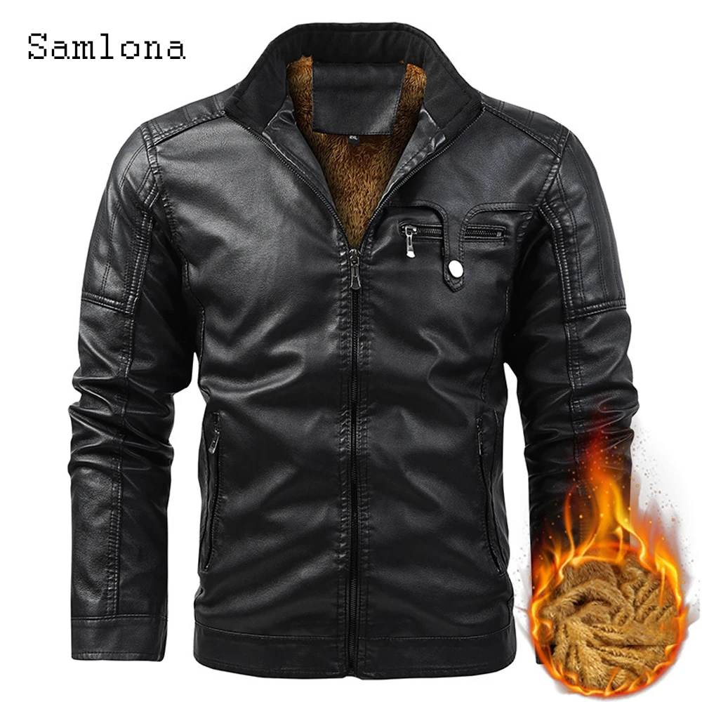 

Мужские кожаные куртки Samlona, модель 2023 года, модная куртка на молнии в европейском стиле, бархатные пальто из искусственной кожи с воротником-стойкой
