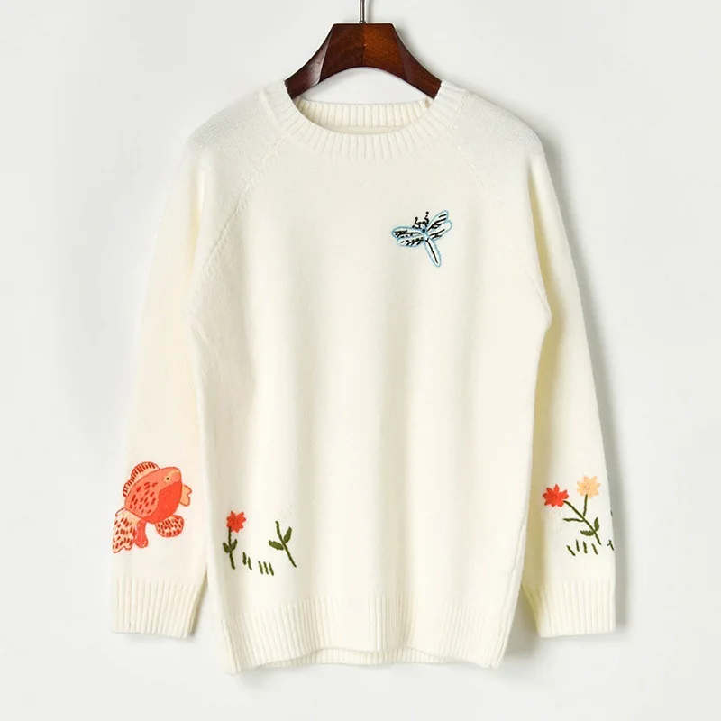 

Soft Knit Sweater Women 2019 Autumn Winte Dragonfly Goldfish Floral Embroidery Korean Sweater Women Pullover Tops Knitwear