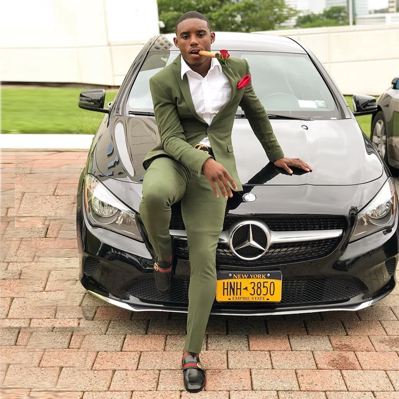 Olive Green Men Suit Slim Fit 2 Pieces 
