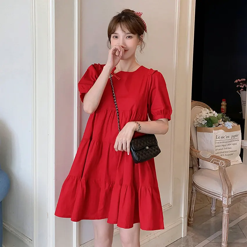 

Red Orange Loose Dresses Summer Girls Casual Plain Colour Puff Short Sleeve Round Collar Chinese Button Design Daily Dress Lady