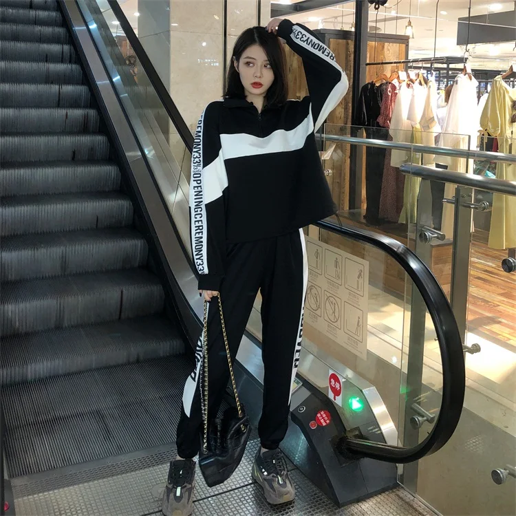 2019 осенне-зимний Новый женский комплект из двух предметов, корейский Модный повседневный спортивный костюм Harajuku с буквенным принтом