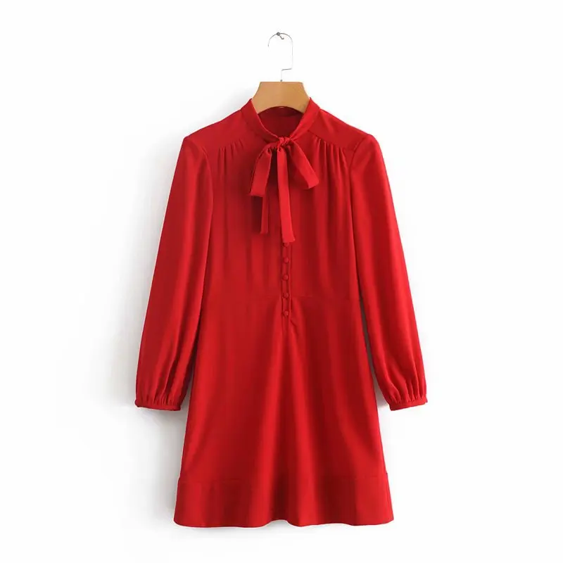 

Autumn New Style WOMEN'S Dress Western Style Versitile Fashion Bow-Accent Solid Color Stand Collar Slimming Dress