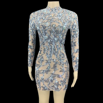 

Black Pattern Rhinestone Pearls Short Dress Long Sleeve Women Birthday Celebrate Evening Party Prom Outfit Singer Stage Wear