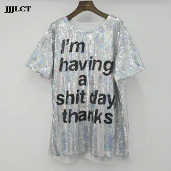 

European and American stage performance clothing costumes 2019 new trend sparkling bright shirt round neck pullover letter top