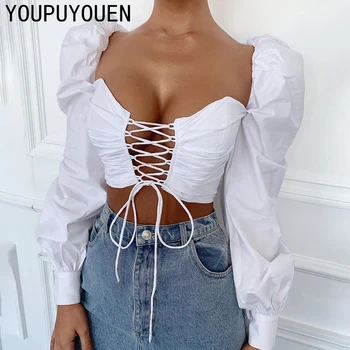 

2021 Spring Summer Puff Long Sleeve Shirts Sexy Strapless Bandage Hollow Out Crop Top Women Fashion Party Club Short Blouse