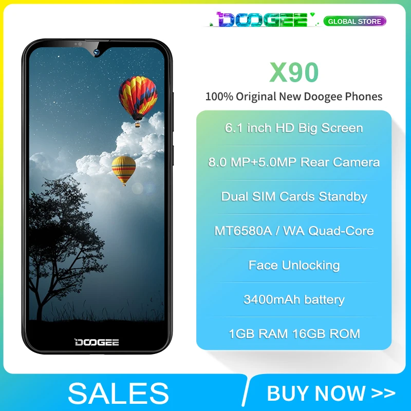 Doogee X90 мобильный телефон 6," HD экран капли 1 ГБ ОЗУ 16 Гб ПЗУ 3400 мАч MT6580A/WA четырехъядерный смартфон с функцией распознавания лица Android 8,1