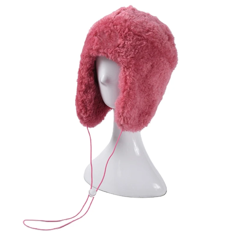 

Women Winter Fluffy Plush Earflap Cap with Chin Strap Thermal Warm Trapper Hat