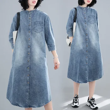 

Plus Size Women'S Clothing 2020 Spring Vintage Robe En Jeans Femme Dresses Single-Breasted Long Denim Dress 2020 Vestidos AA5480