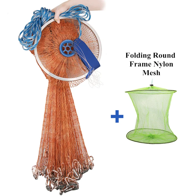 

Yeahmart Upgraded Hand Cast Net Easy Throw Fly Fishing Net 240/360cm Fishing Network Tool Small Mesh Strong Nylon Line +Sinker