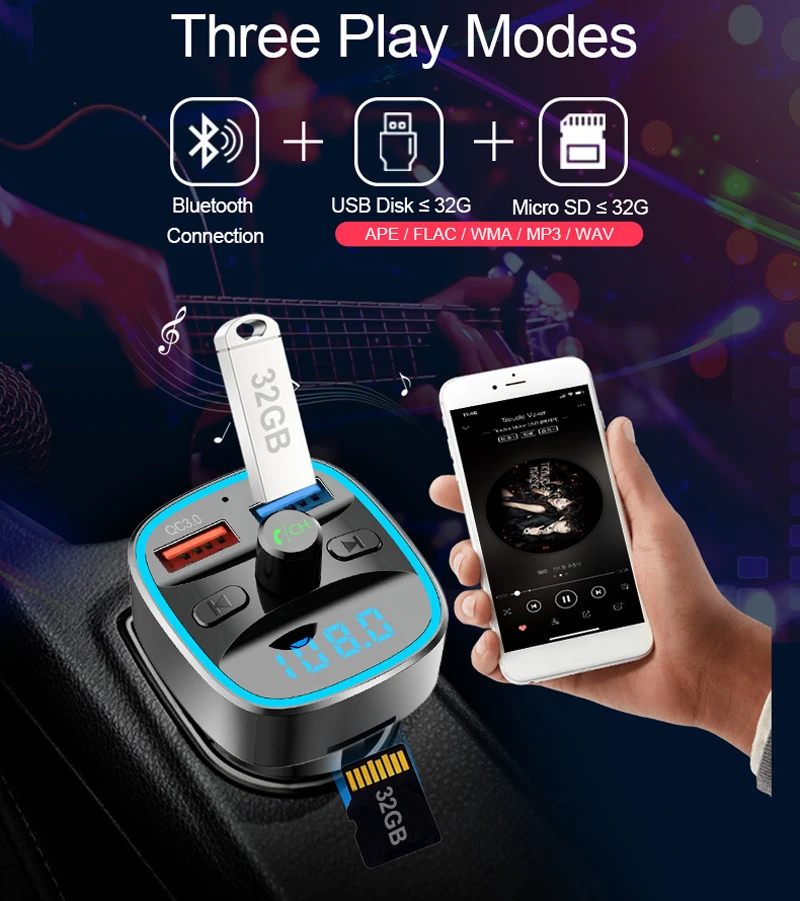 Bluetooth Quick Charge автомобильное зарядное устройство для мобильного телефона Handsfree FM передатчик автомобильный комплект MP3-плеер usb зарядка
