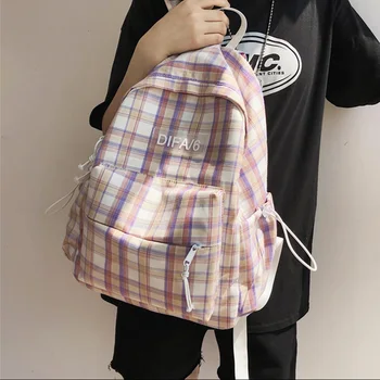 

Plaid Women Backpack Multi-pocket Cotton Fabric Student School Bag for Teenage Girl Preppy Style Back Bag Female Travel Bagpack