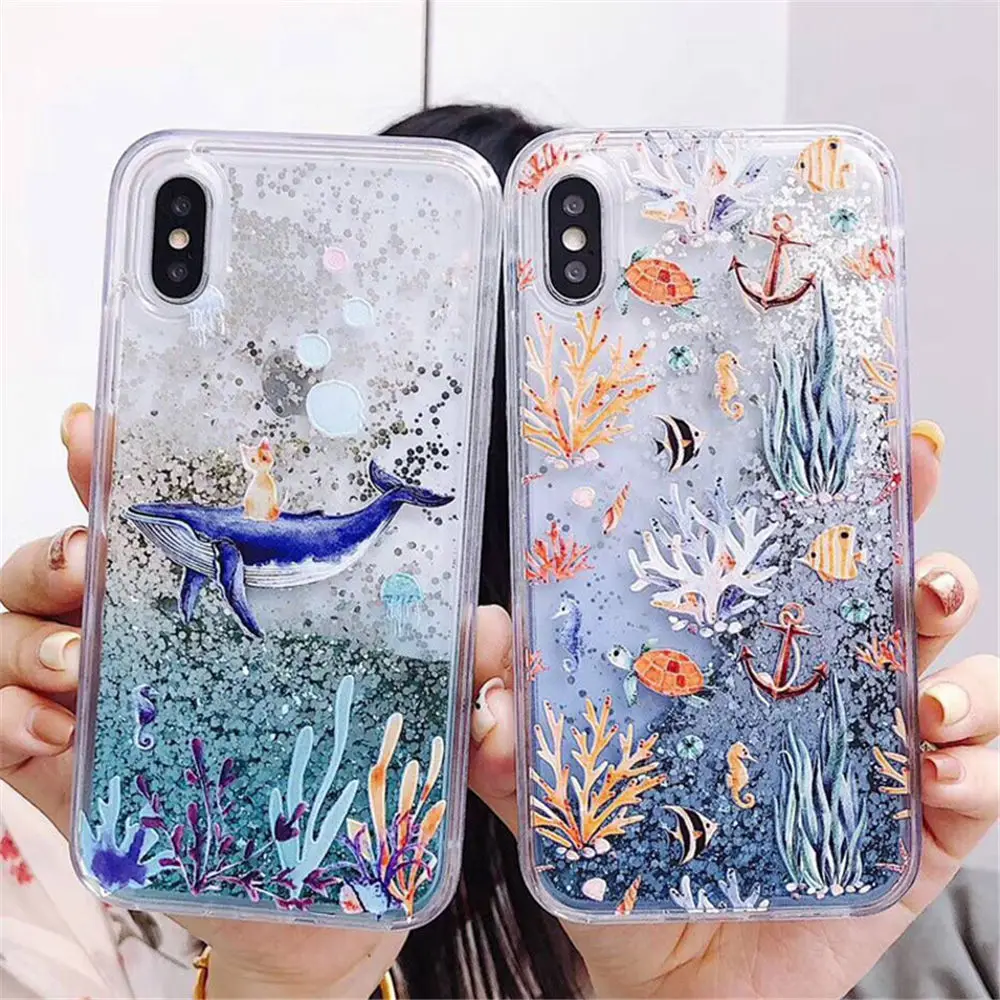 Dynamic Quicksand Case For iPhone X 8 7 6 6s Plus Animals Sea Plants Bling Glitter XS Max XR Hard PC Back Cover |