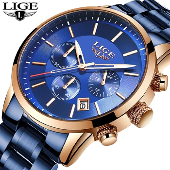 

LIGE Mens Watches Top Brand Luxury Blue Steel Quartz 2020 Chronograph Waterproof Watch Business Full Steel Men Watch Blue Clock