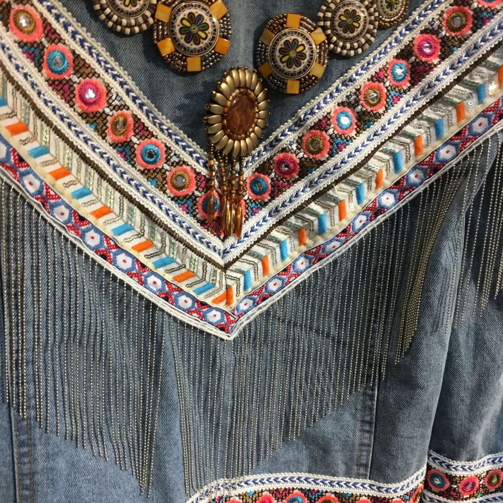 Богемный Вдохновленный джинсовый жакет для женщин с этническим украшением джинсовая куртка пальто Богемный Цыганский Бомбер куртка женская верхняя одежда chaqueta