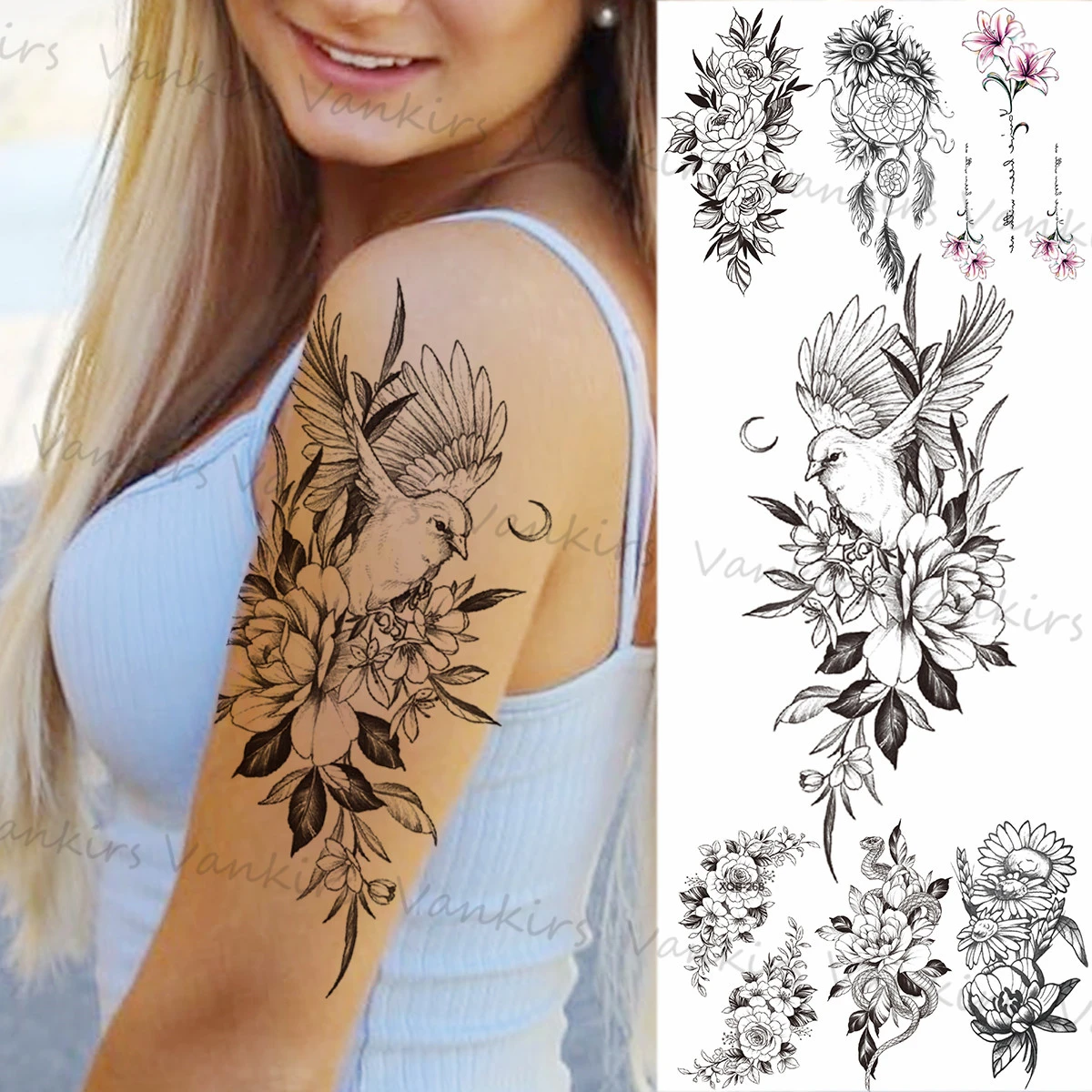 Tatouage Oiseau Et Fleur Bras Tatouages Temporaires Oiseaux et Fleurs pour Femmes et Bol, Réaliste, Plume  de Lys, Faux Tatouage, Autocollant, Bras, Taille, Tournesol | AliExpress