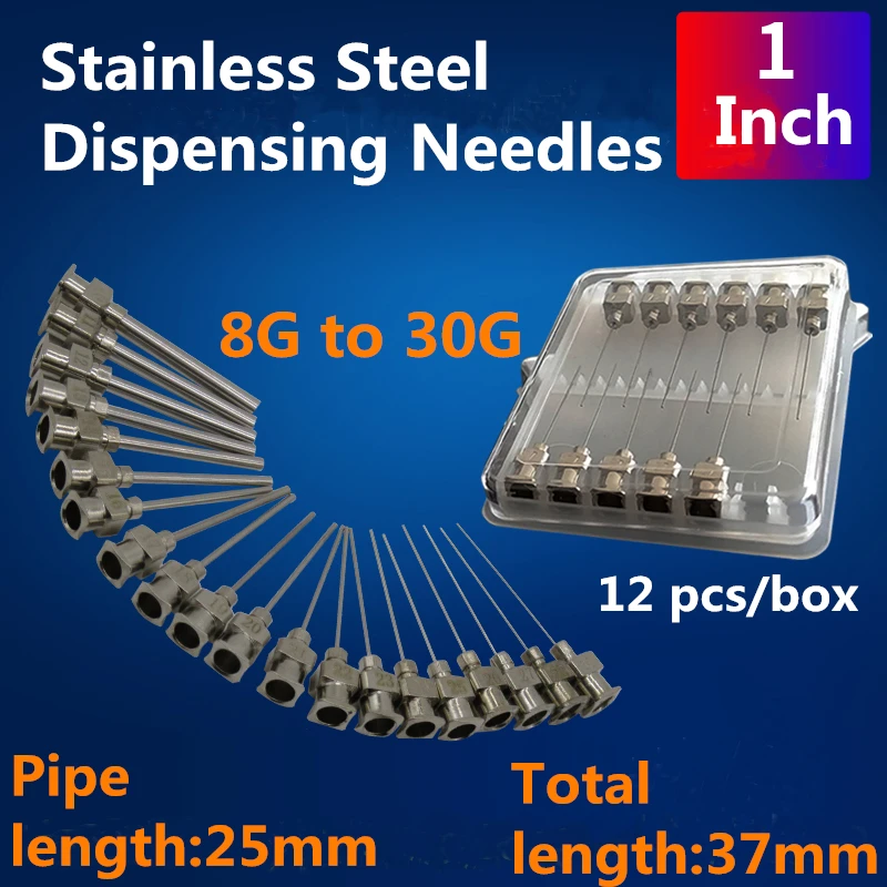 1-inch tubing length Metal S.S Dispensing Needle Blunt Tip 8G~30G 12PCS/lot 