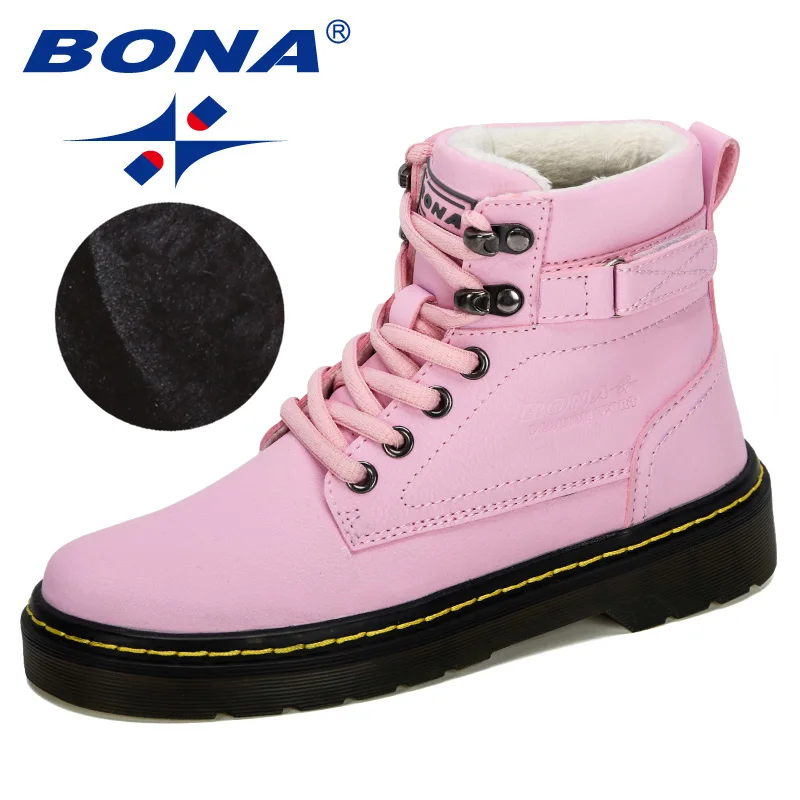 Pink BONA новые дизайнерские носки для детей Зимние сапоги ботинки для девочек и мальчиков Плюшевые Теплые мотоциклетные ботинки на шнуровке со шнуровкой ботинки Rome удобные - Цвет: Pink