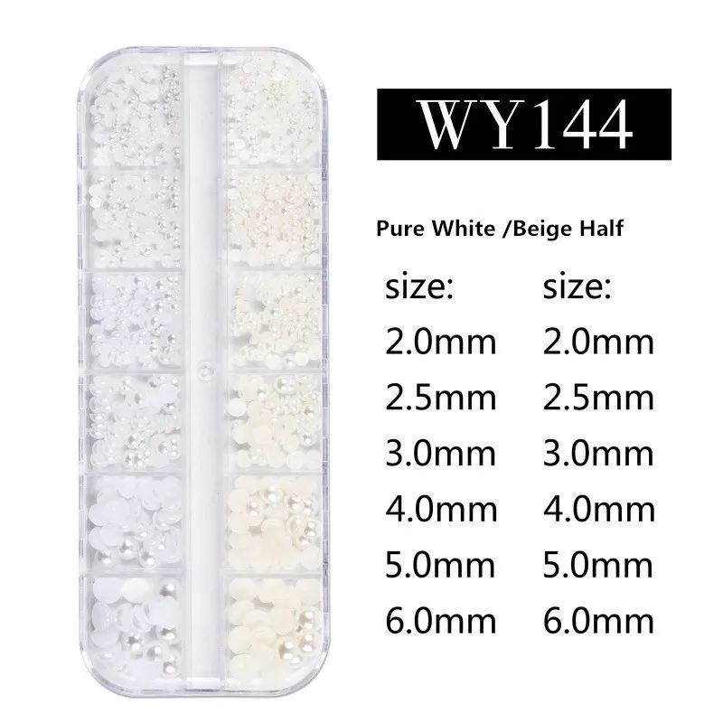 WY144 Nail Pearl 12 сеток AB белые жемчужины для дизайна ногтей украшения смешанных размеров жемчужные стразы бусины плоские с оборота кончики для ногтей для маникюра Nailart - Цвет: WY144 Nail Pearl