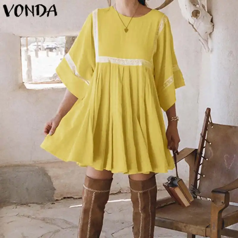 Модные женские повседневные свободные мини-платья с рюшами, Короткие Vestidos VONDA, Осенние стильные вечерние платья с расклешенными рукавами и круглым вырезом