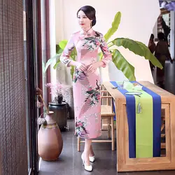 Розовый женский Принт Павлин Qipao элегантный тонкий длинный Cheongsam винтажный воротник Мандарин ручной работы Кнопка китайское платье плюс