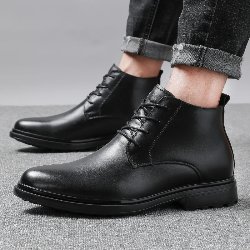 

Winter Chelsea Boots Men genuine Leather Shoes Men Ankle Boots lace up Fashion Brand Autumn Winter Male Footwear snow boots