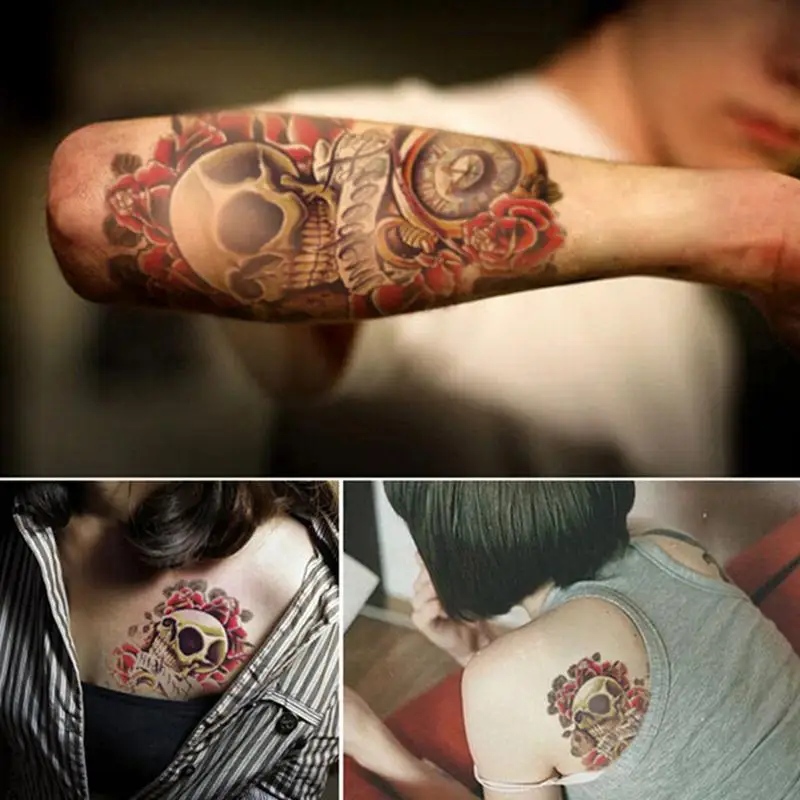 Women Men Sexy 3D Arm Stickers Sleeve Body Shoulder Tattoos Waterproof Punk Skull Temporary Tattoo