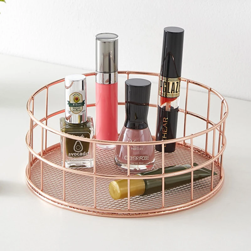 Rose gold iron art Nordic makeup storage box eyeliner brush storage cup dressing table makeup cosmetics round storage basket 2