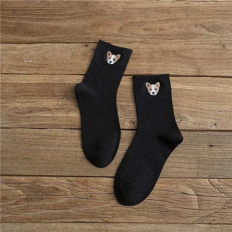 Black Socks Теплые Harajuku вышивка забавные носки для животных Женские Kawaii японские Skarpetki милые носки Новинка Хлопок Calcetines Mujer Sokken - Цвет: Black Socks