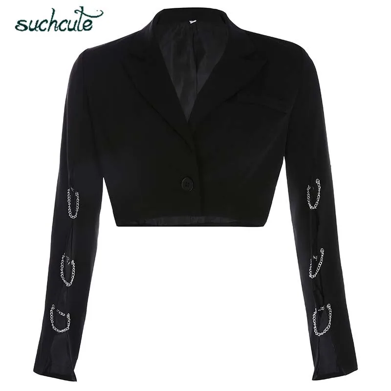 black coat SUCHCUTE блейзер с металлической цепочкой Feminino Женская Повседневная Куртка Harajuku Осень Chaqueta Mujer пальто женское регулируемое Женское пальто - Цвет: black coat