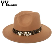 YY леопардовая лента Fedora шляпа для женщин осенняя фетровая шляпа с жемчугом винтажные джазовые шляпы Дамская церковная Трилби Chapeau Femme шапки FD19021