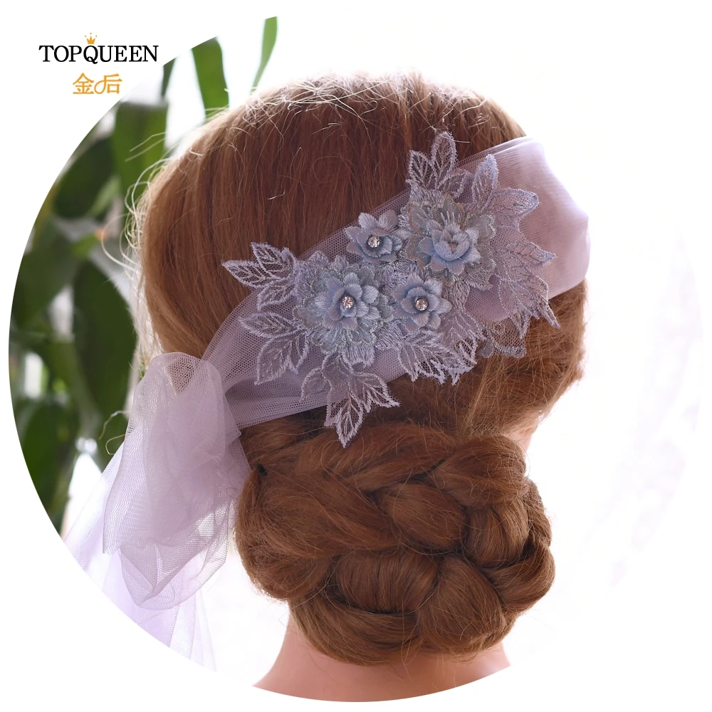 TOPQUEEN WS03 Голубой вышитый цветок Свадебная вуаль повязка на голову элегантный стиль свадебные головные уборы Свадебная лента для волос невесты для женщин Длинная