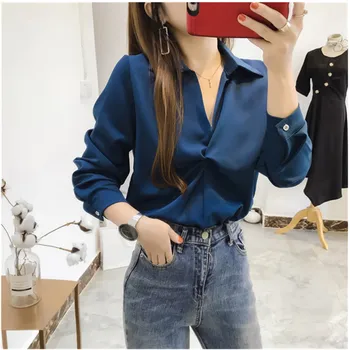 

New 2020 V Neck Women Blouses Solid Elegant Korean Chiffon Blusas Mujer Ins Work Fashion Shirts Tops Female ropa mujer