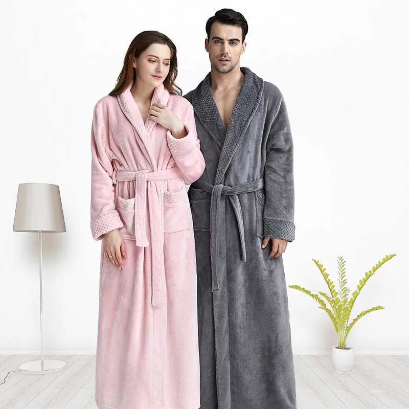 

Extra Long Plus Size Winter Warm Coral Fleece Bathrobe Women Men Flannel Dobby Kimono Bath Robe Bridesmaid Dressing Gown Wedding