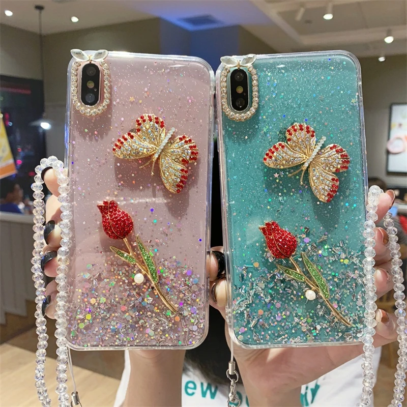 Роскошный Модный Блестящий 3D чехол для телефона с розой и бабочкой IPhone 11 Pro Max 6 6S 7 8