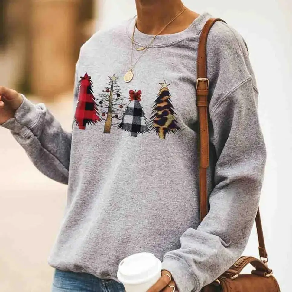 Женская толстовка с длинным рукавом, осенняя, теплая, с вырезом лодочкой, Рождественская елка, спортивные топы, модная, повседневная, свободная, с принтом, серая, Толстовка для девочек - Цвет: A