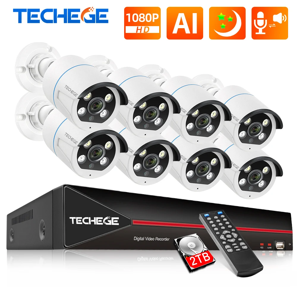 

Techege H.265 8CH 1080P POE Security Camera System Kit Two way Audio IP Camera Outdoor Waterproof AI Human detection 2MP NVR Set