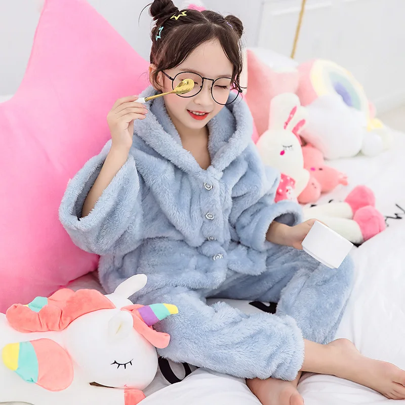 Детский зимний пижамный комплект; детская одежда для сна; теплая Фланелевая пижама с длинными рукавами; плюшевая теплая домашняя одежда для девочек; плотный домашний костюм
