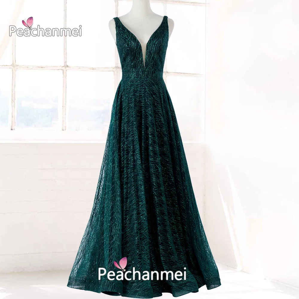 

Sparkle V-Neck Evening Dress Robe De Soiree A Line Glitter Sequins Prom Dress Sexy Backless Tulle Ball Gown Vintage Party Dress