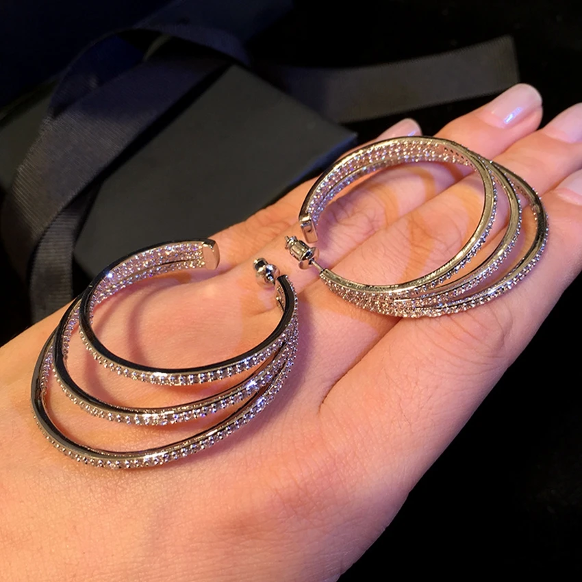 

Punk Luxury Full Cubic Zirconia Hoop Earrings for Women Korean Style Round Circle Hoops