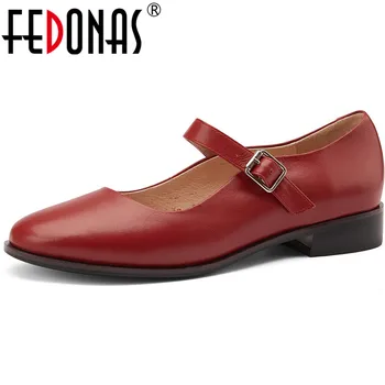 

FEDONAS Mary Janes Retro Red Woman Shoes Genuine Leather Summer Autumn Round Toe Chunky Heels Pumps Prom Dancing Shoes Woman